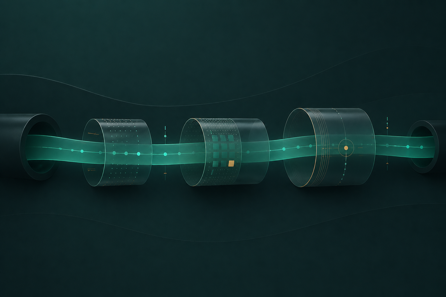Abstract teal learning pathway passing through translucent insulating layers on a deep teal graphite background, representing durable learning state around an AI session.