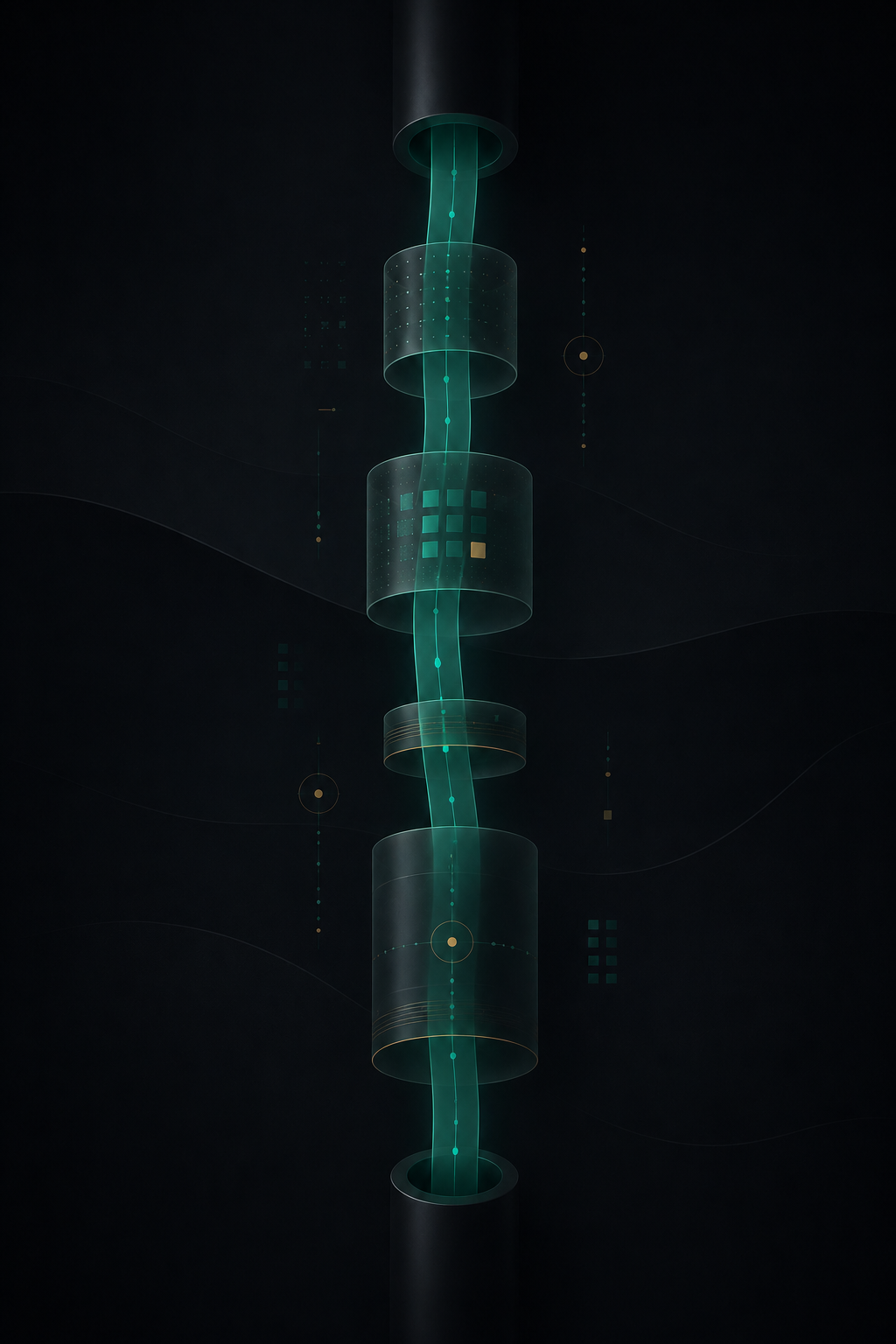 Vertical abstract teal learning pathway passing through translucent insulating layers on a black graphite background, representing durable learning state around an AI session.