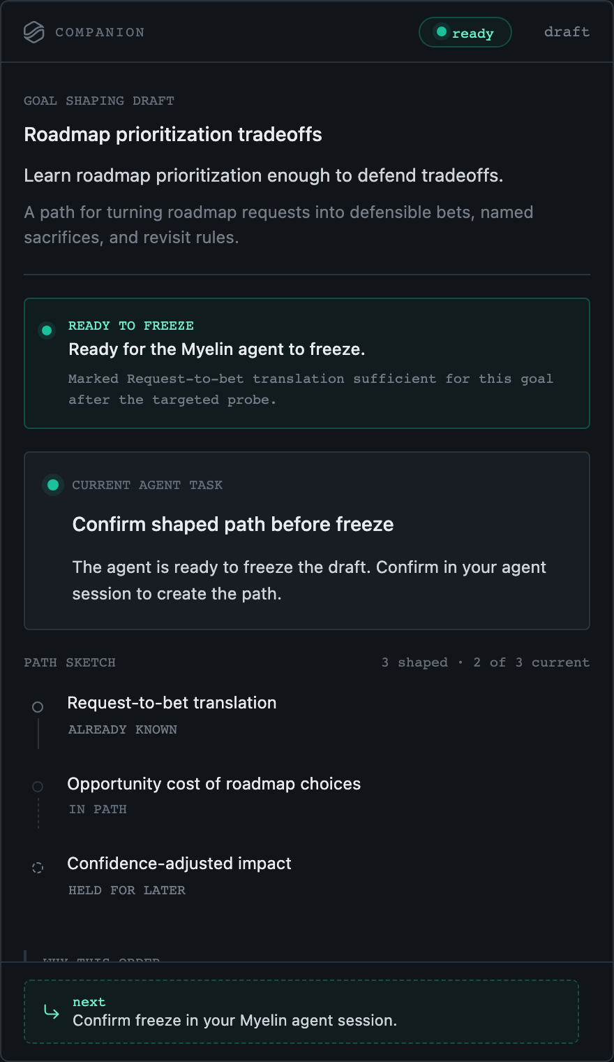 Myelin Companion view showing a roadmap prioritization draft ready to freeze, with current agent task and a three-step path sketch.